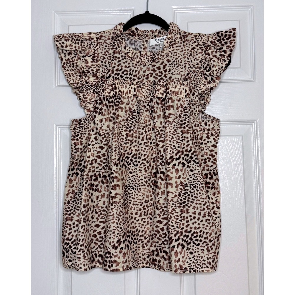 SEA‎ New York Leopard Print Ruffle Mock Neck Sleeveless Blouse Top M
